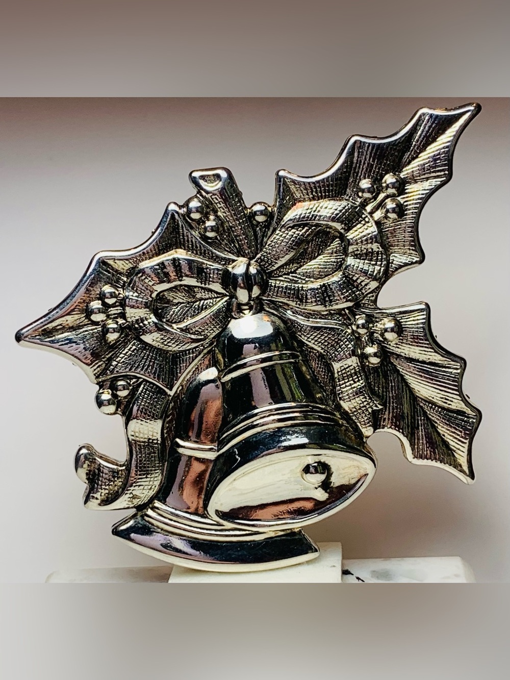 Bost Christmas Bells Holly Bow Silver Tone Brooch Pendant